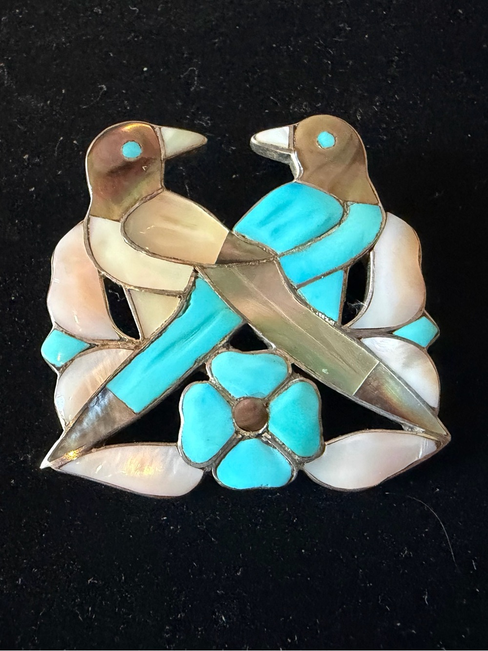 Vintage Zuni Sterling Silver Turquoise Lovebirds Pin Pendant Jack Mahkee